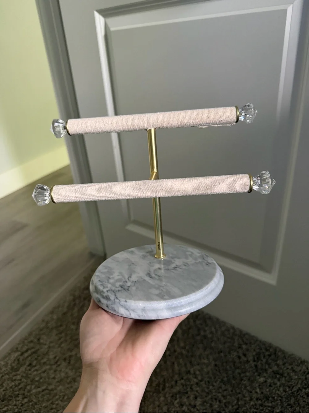 Two-Tier Pink Fabric Jewelry Stand with Marble Base